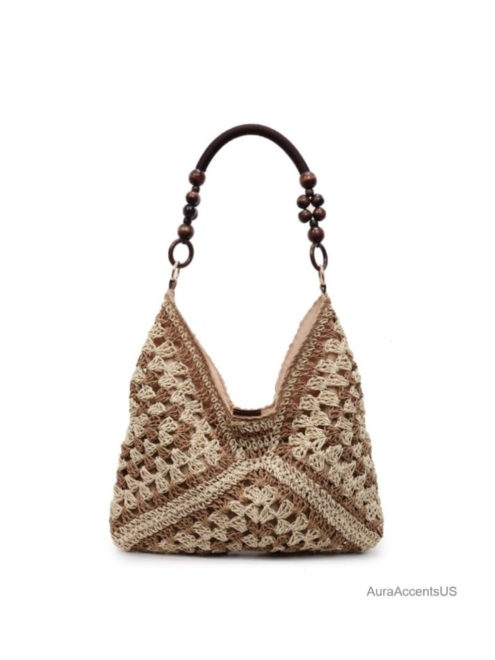 Woven Straw Tote Bag Handmade Crochet Wooden Bead Handle Large Hobo Beach Bag